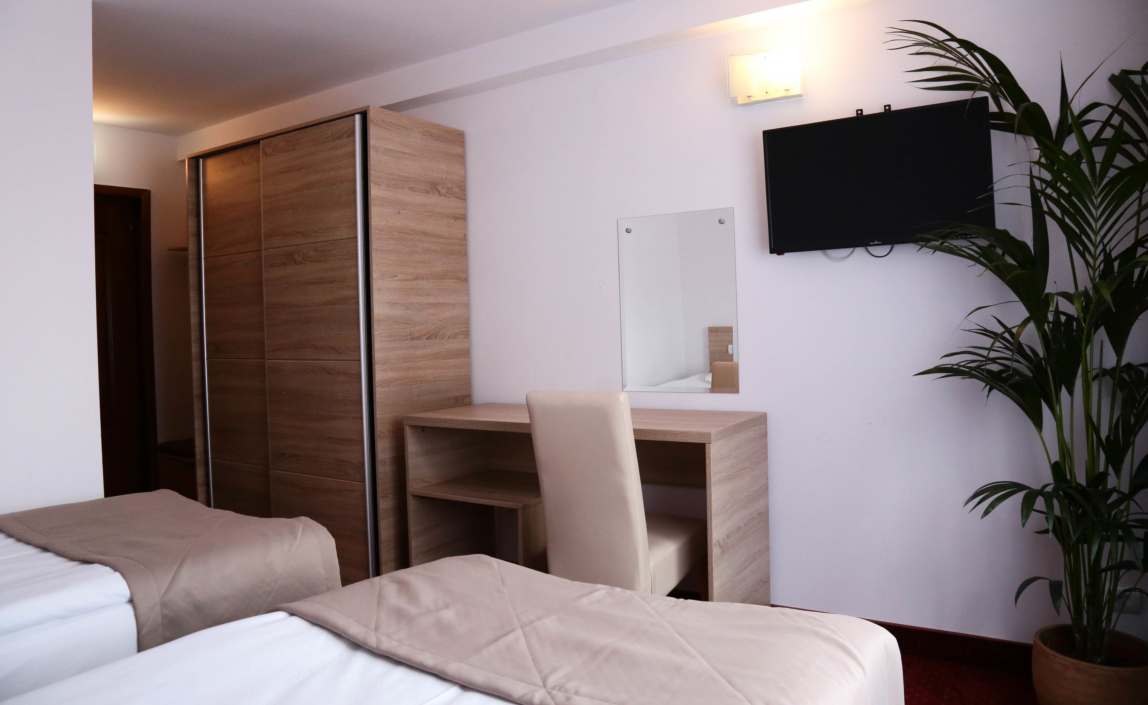 Ein Hotelzimmer mit Bett, Schreibtisch, Stuhl, Kleiderschrank, Fernseher und einer Zimmerpflanze.