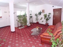 Un salón amplio con alfombra roja estampada, una mesa de centro de vidrio, un sofá de cuero y varias plantas en macetas.