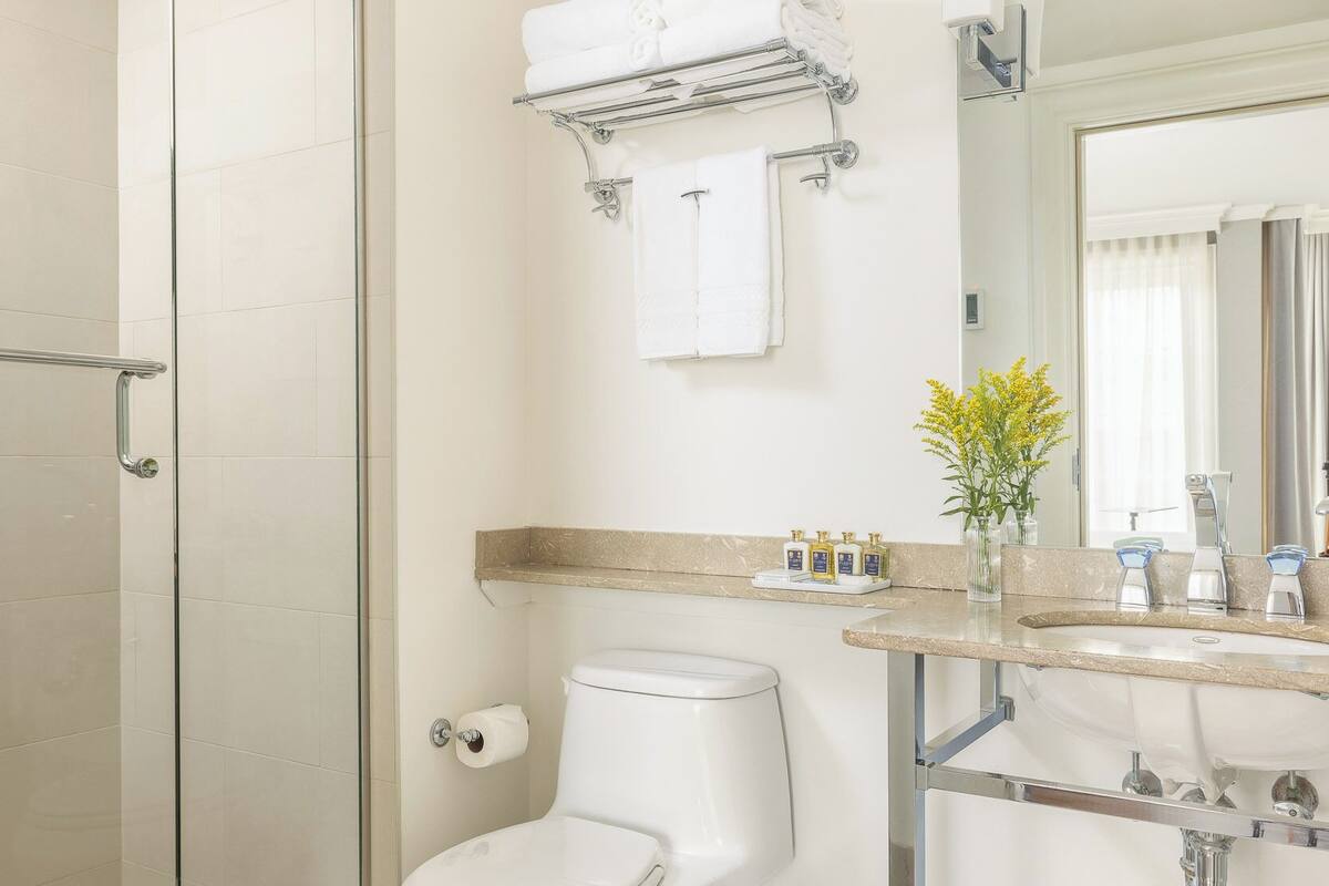 free toiletries, hair dryer, bathrobes, towels