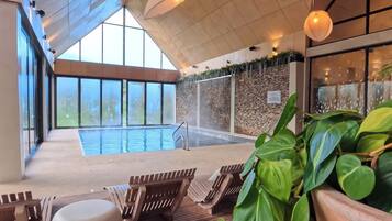 Ein Poolbereich im Innenbereich mit Holzterrasse, einer großen Kübelpflanze und einer Steinwand.