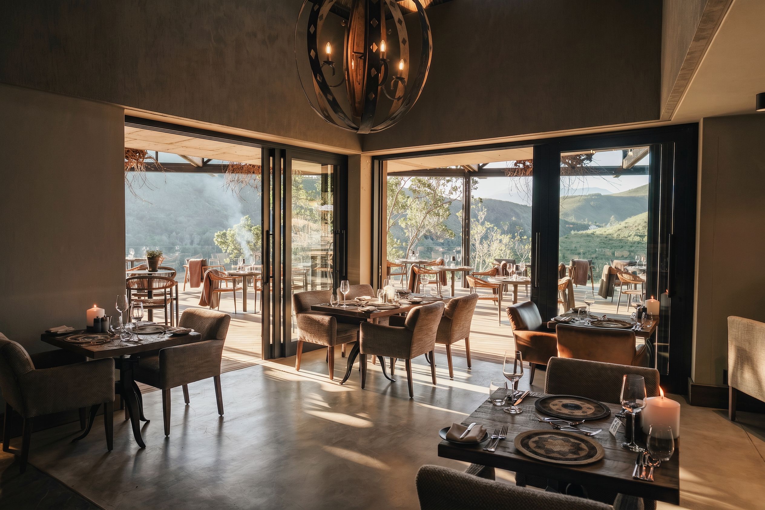 Restaurante com várias mesas e cadeiras, grandes janelas com vista para o exterior e um lustre moderno.