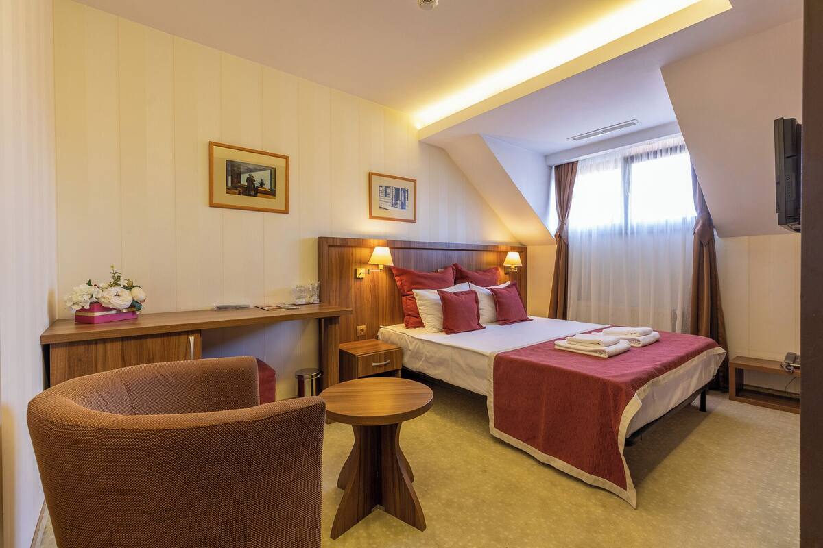 A hotel room with a bed, a desk, a chair, and a small table.