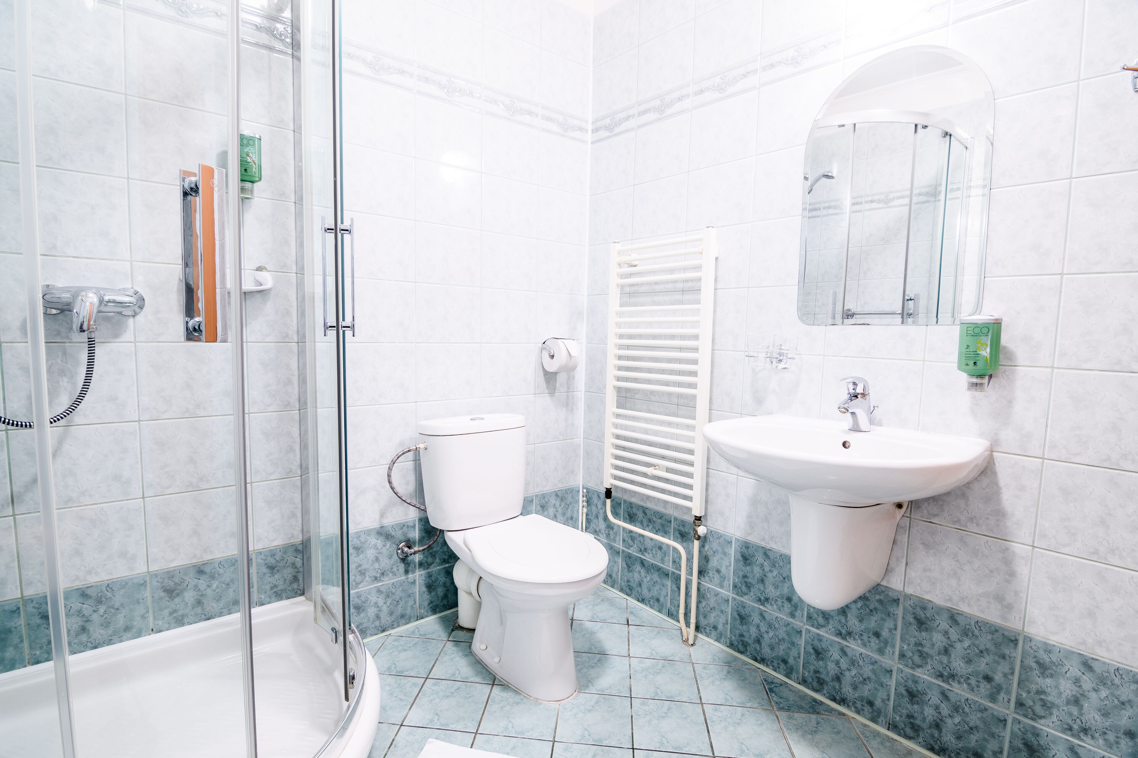 shower, eco-friendly toiletries, hair dryer, towels