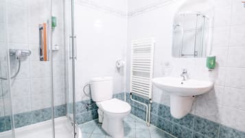 A bathroom with a glass shower enclosure, a toilet, a sink, and a mirror.