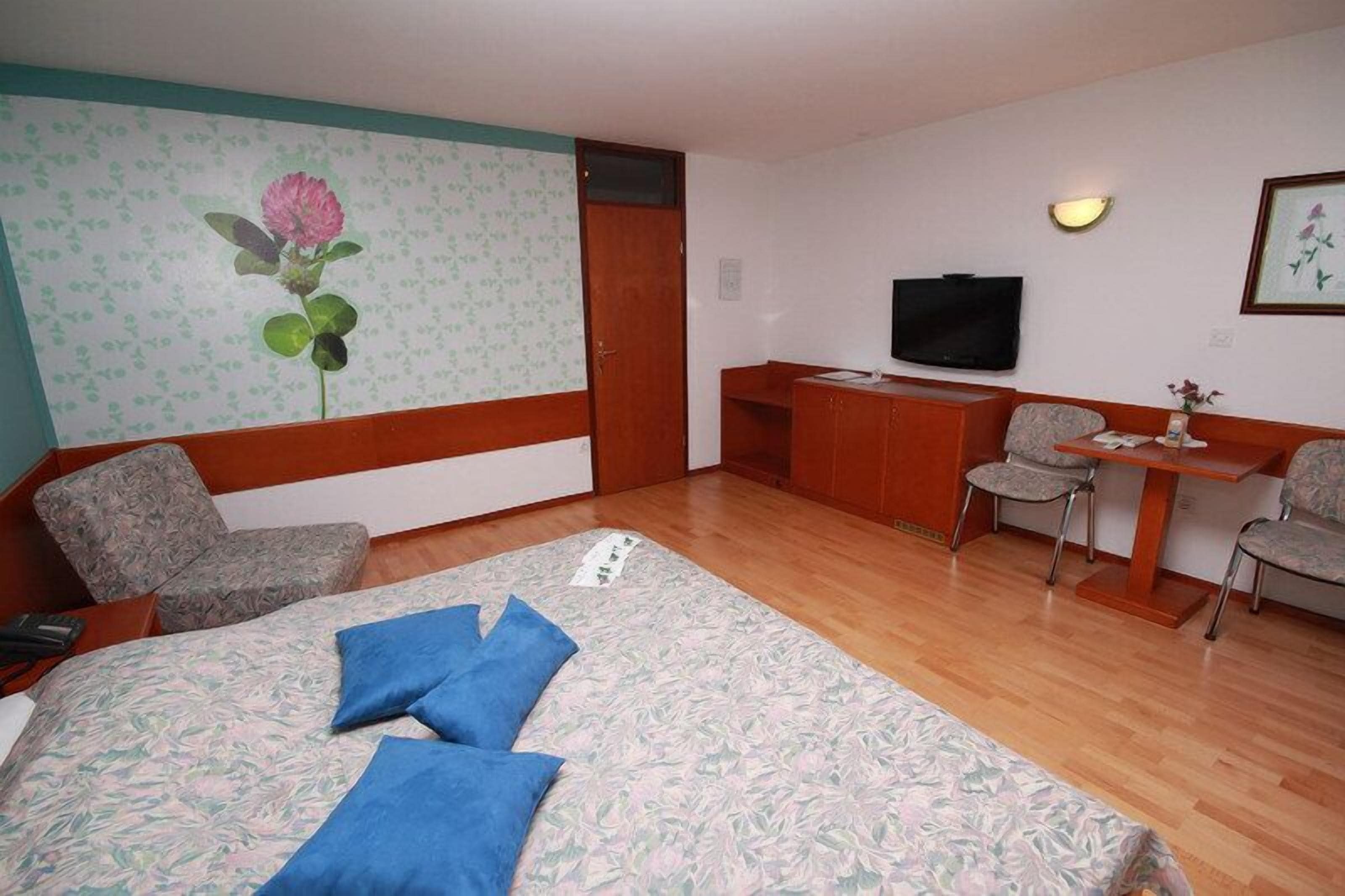 A hotel room with a bed, a desk, a television, and a chair.