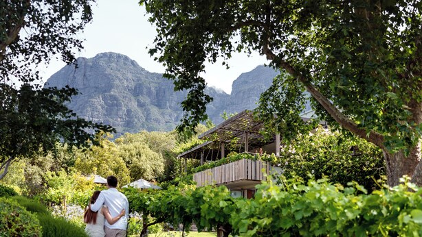 Un couple se promène dans un vignoble, avec une montagne en arrière-plan.