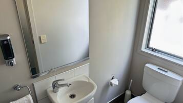 Een badkamer met een wastafel, spiegel, toilet en handdesinfecterend middel.
