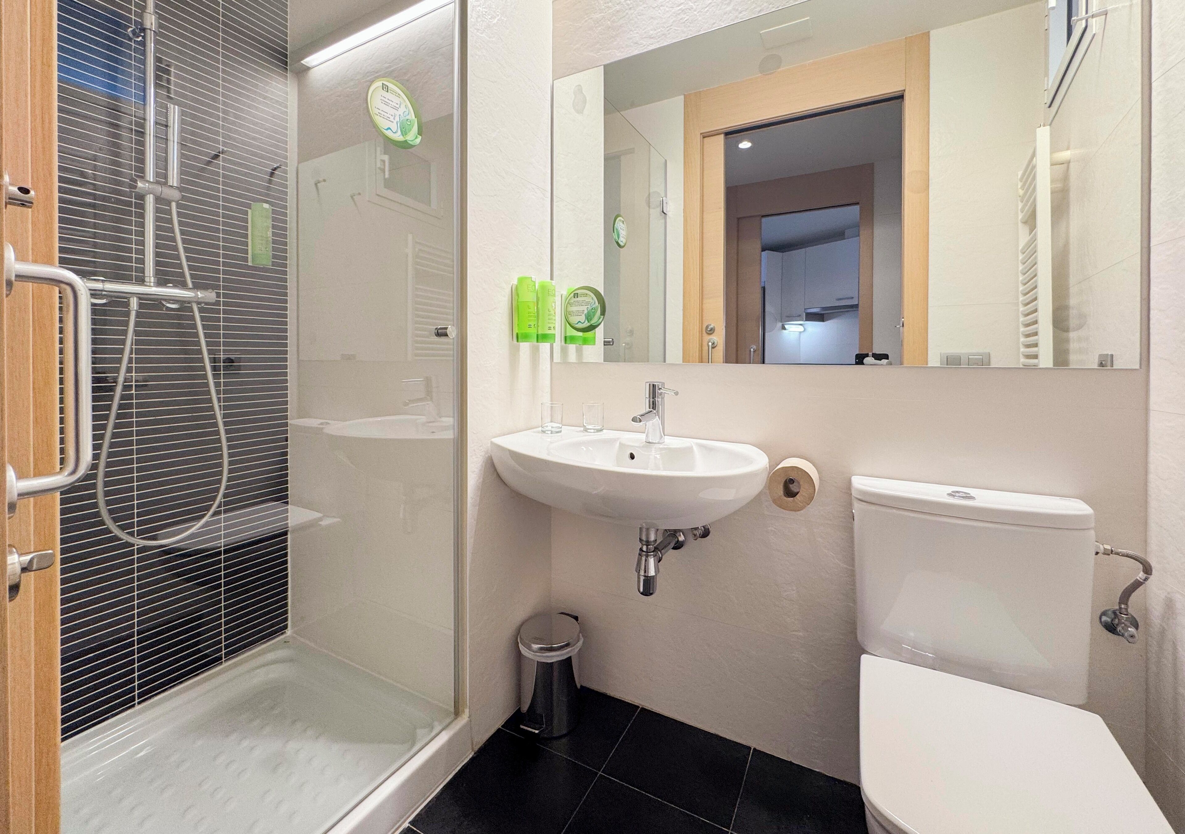 Un baño moderno con ducha de vidrio, un lavabo blanco y un inodoro.