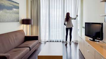 A modern living room with a brown sofa, a wooden coffee table, a flat-screen TV on a wooden cabinet, and a large window with sheer curtains.