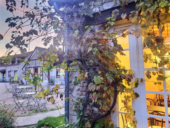 Um pátio com mesas ao ar livre, um edifício de fachada branca e uma parede coberta de hera.