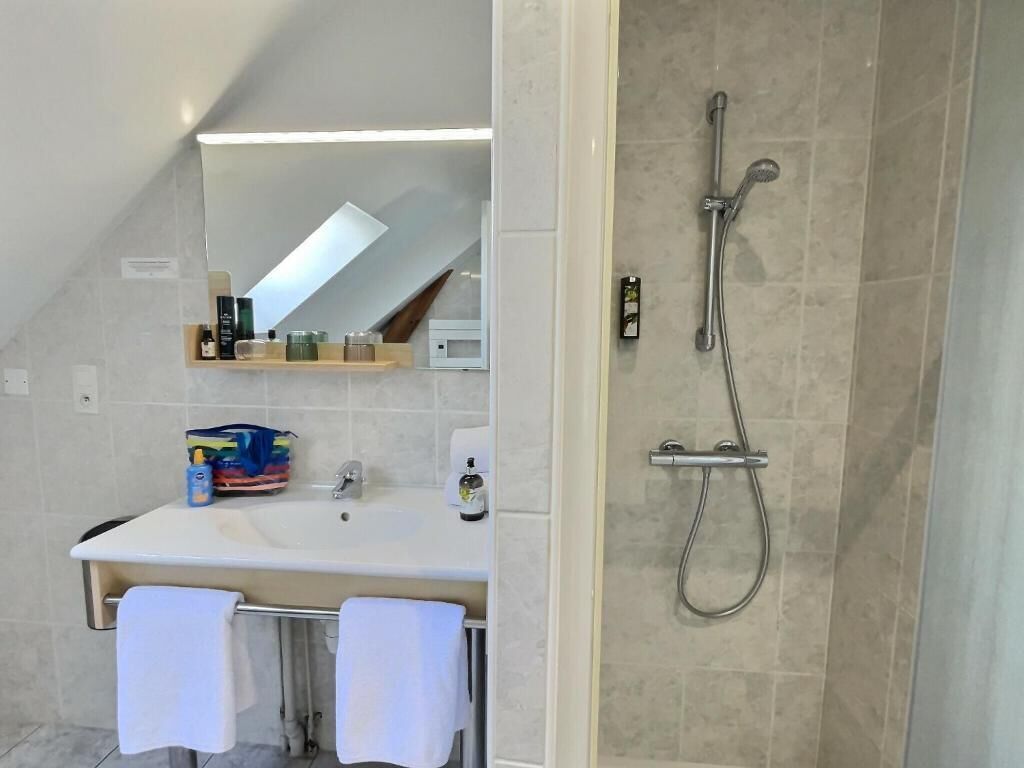 Une salle de bain avec un lavabo, un miroir et une douche.