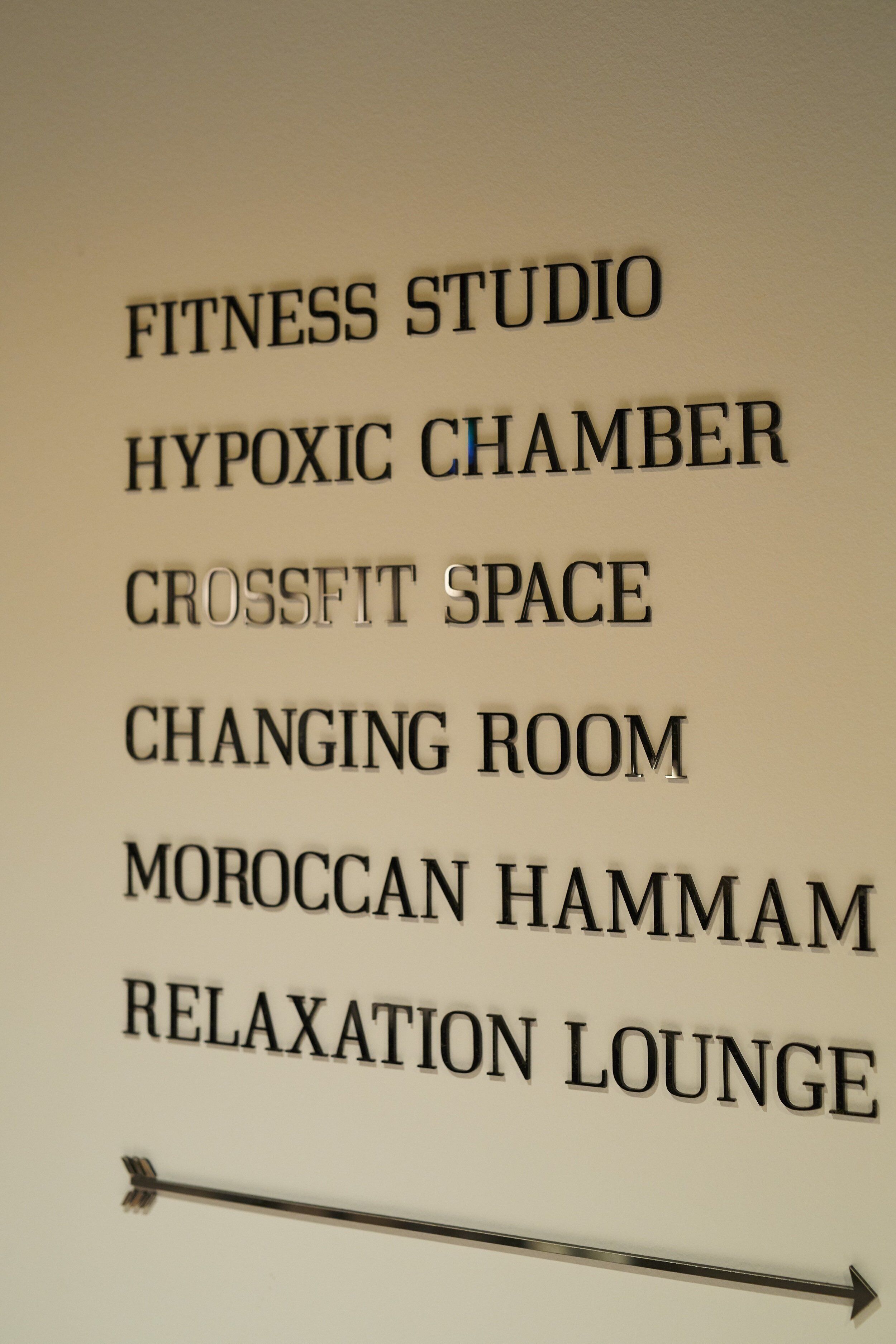 A wall with room names including Fitness Studio, Hypoxic Chamber, CrossFit Space, Changing Room, Moroccan Hammam, and Relaxation Lounge.