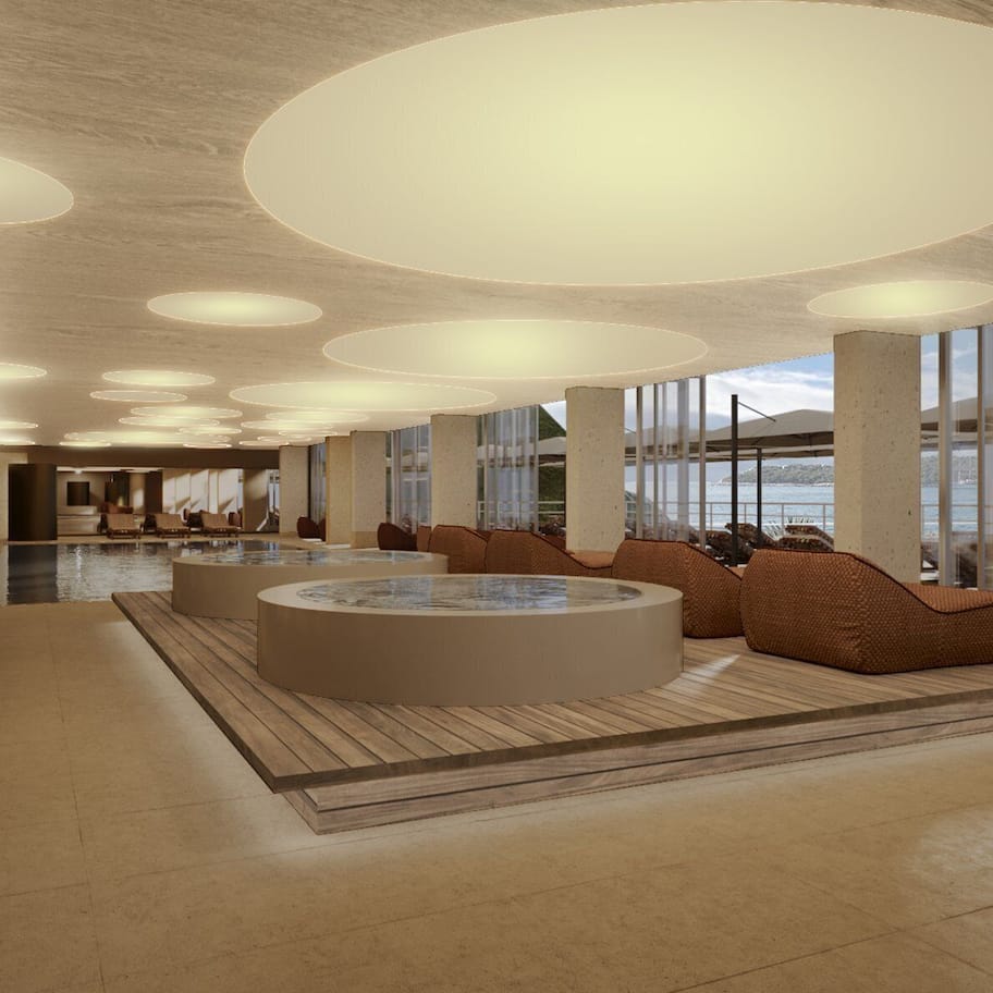 Indoor pool, pool umbrellas, sun loungers