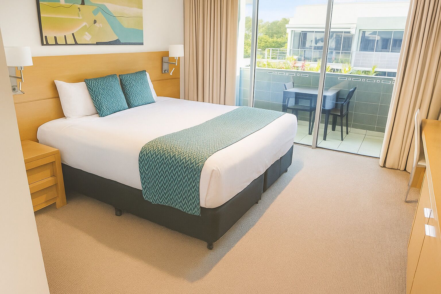 Habitación de hotel con una cama grande, una mesita de noche, un escritorio, una silla y vistas al balcón exterior.