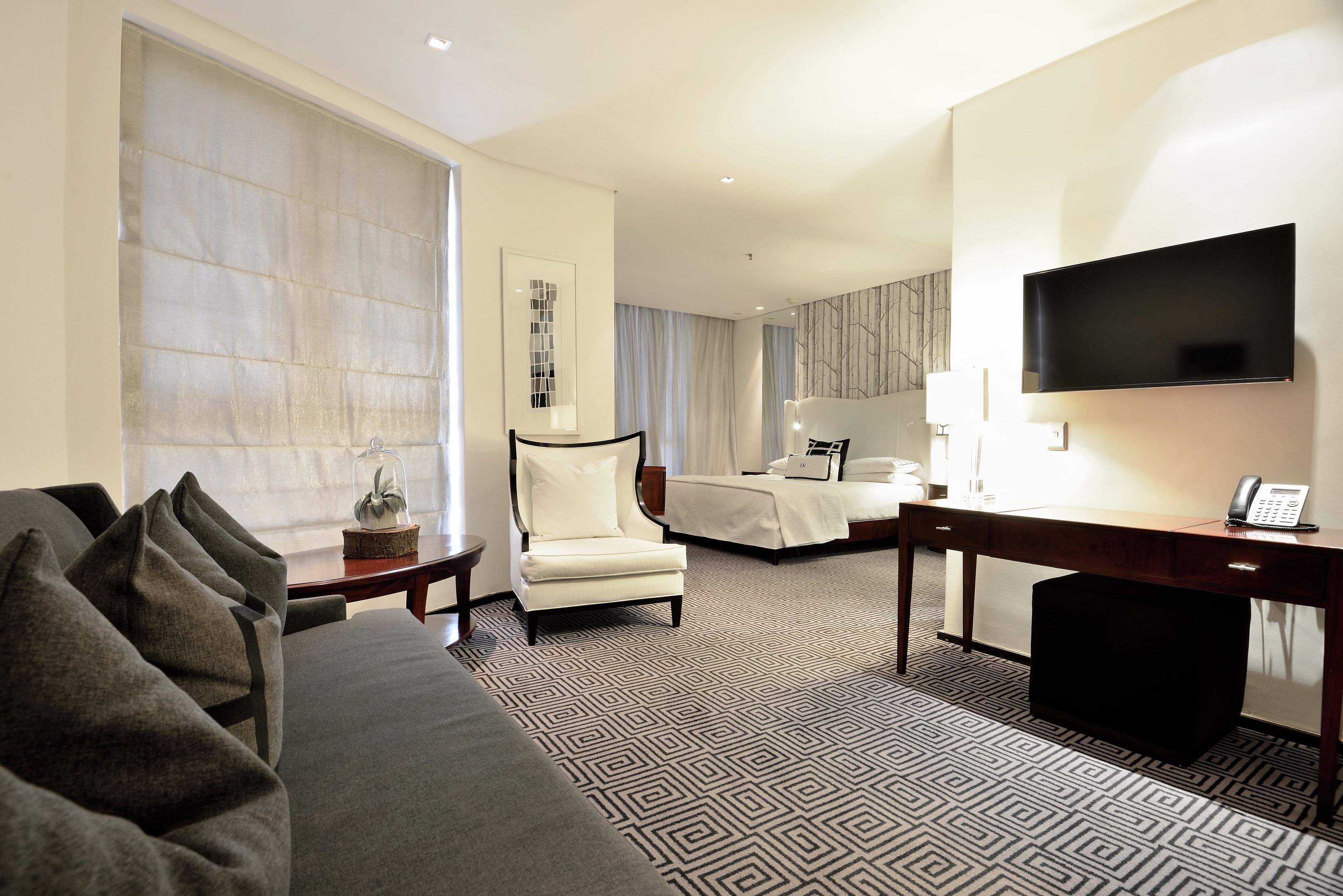 A hotel room with a bed, a sofa, a desk, and a TV.
