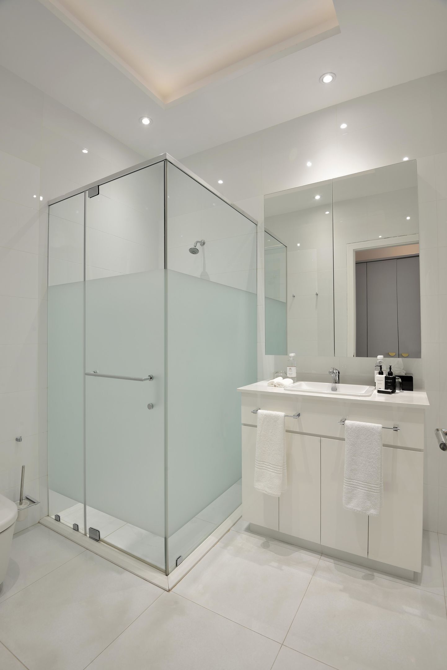 Un baño moderno con cabina de ducha de vidrio, un tocador blanco con espejo y un inodoro.