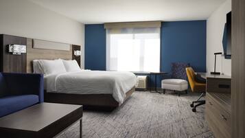 Una habitación de hotel con cama, escritorio, sillón, sofá y cómoda.