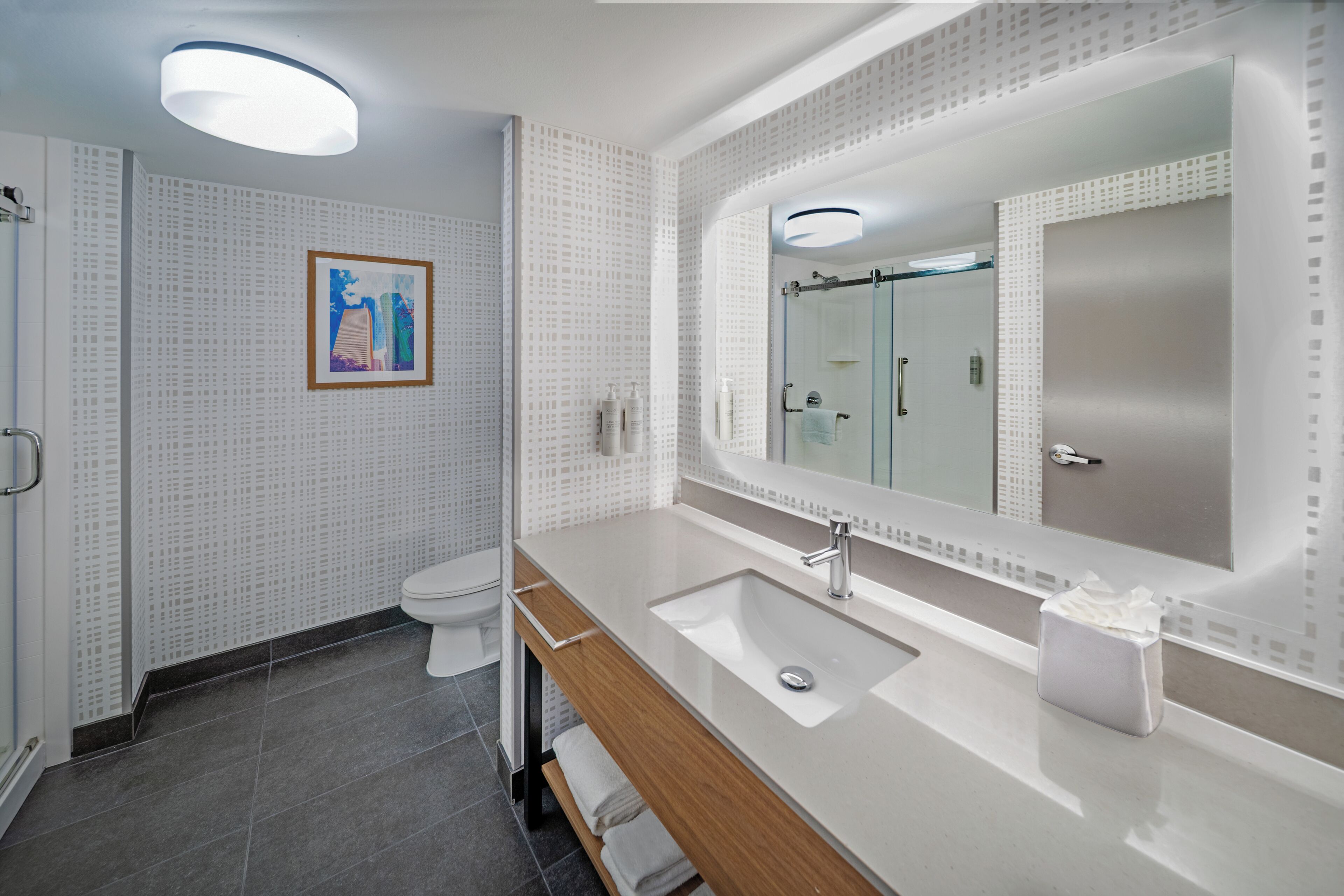 A modern bathroom with a large mirror, a sink, and a toilet.