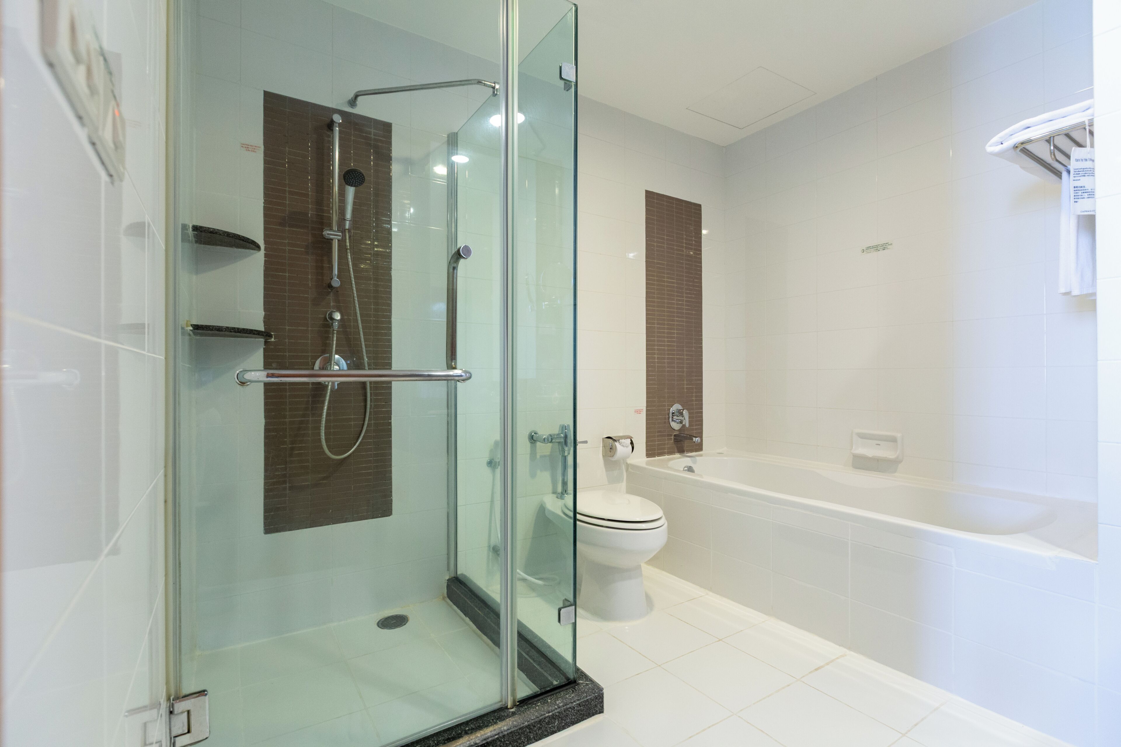 A modern bathroom with a glass-enclosed shower, a white toilet, and a bathtub.