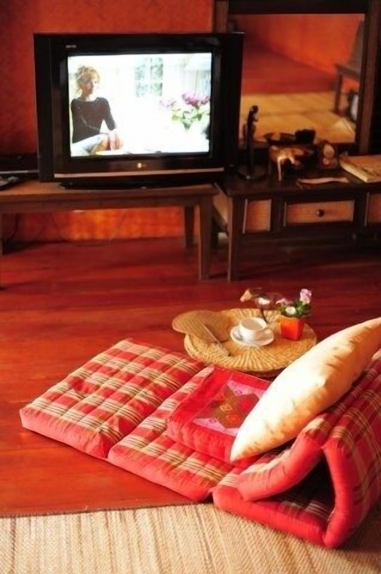 Una sala de estar acogedora con un televisor sobre un soporte de madera, un sofá cómodo con una manta roja y beige, y una mesita con una tetera y tazas.