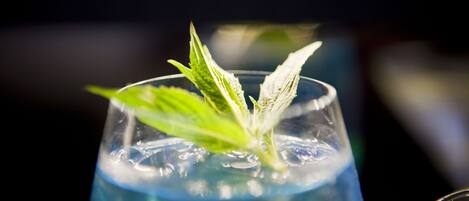 A close-up of a glass with a blue liquid and mint leaves.