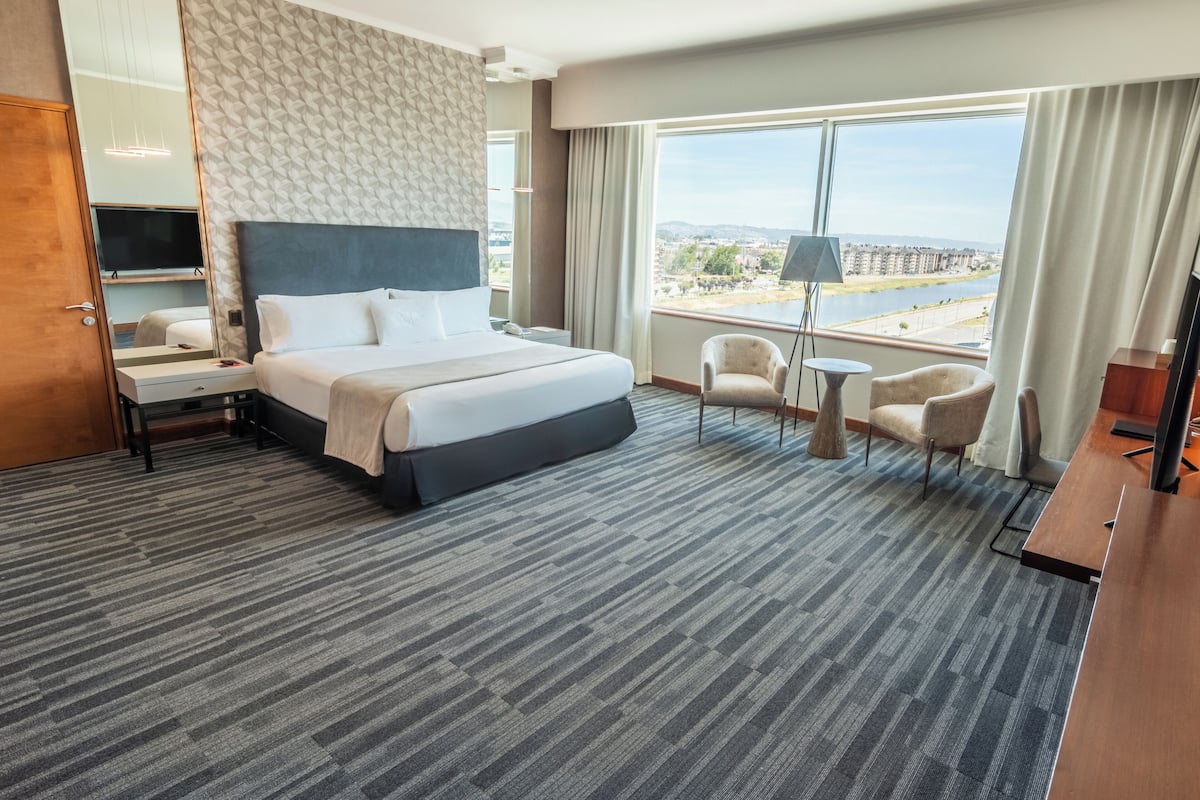 Habitación de hotel con una cama grande, un escritorio, una silla, un televisor y vistas a un paisaje urbano por la ventana.