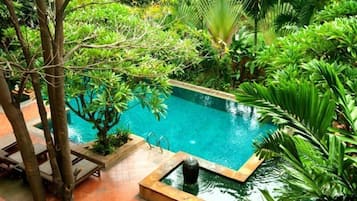 Outdoor pool, pool umbrellas, pool loungers