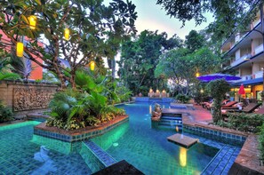 Outdoor pool, pool umbrellas, pool loungers