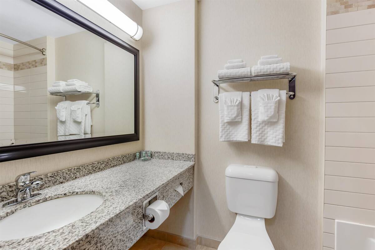 standard room, 2 queen beds, non smoking, refrigerator & microwave (shower only) | bathroom | free toiletries, hair dryer, towels