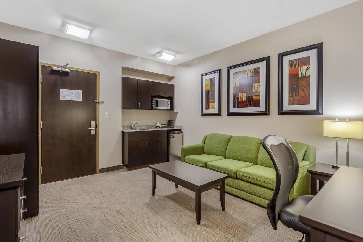 suite, 1 queen bed, non smoking, refrigerator & microwave (shower only;with sofabed) | premium bedding, desk, laptop workspace, iron/ironing board