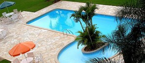 Outdoor pool, pool umbrellas, pool loungers