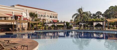 Outdoor pool, pool umbrellas, pool loungers