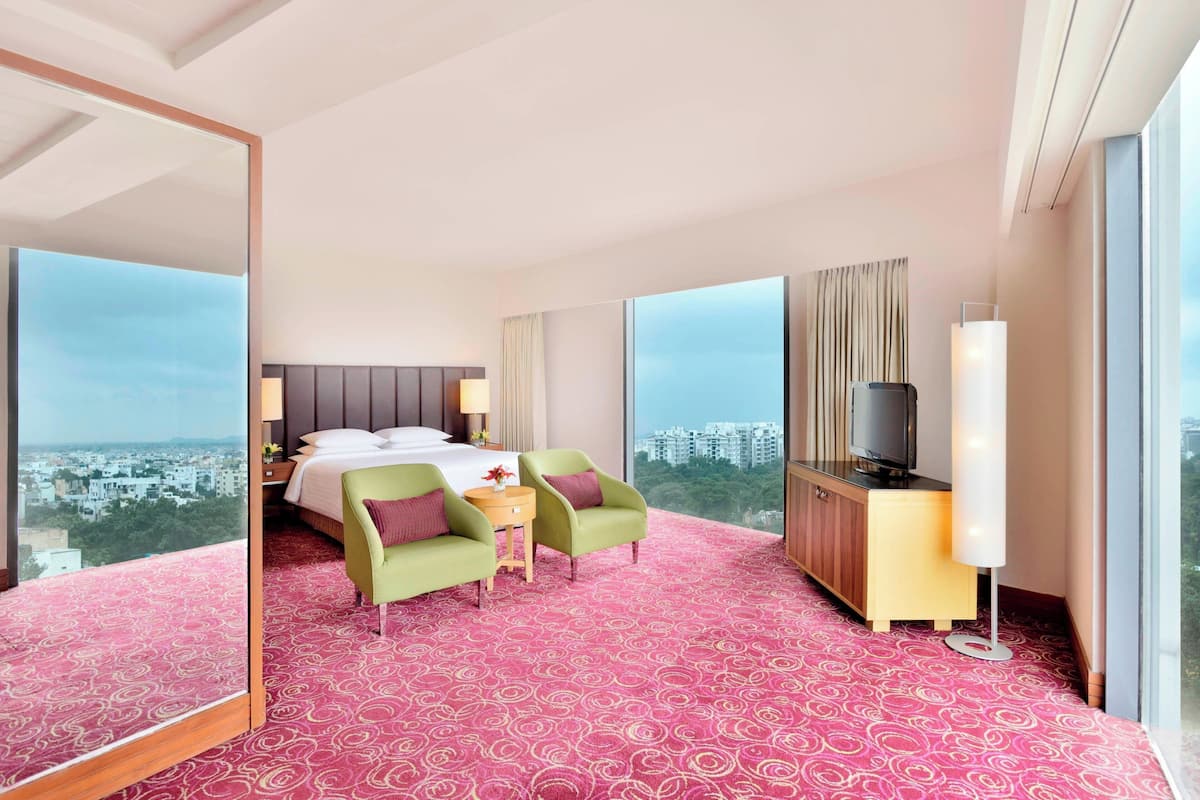 A hotel room with a large bed, two armchairs, a TV, and a city view.