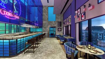 A modern bar area with a neon sign, seating arrangements, and a view of the cityscape.