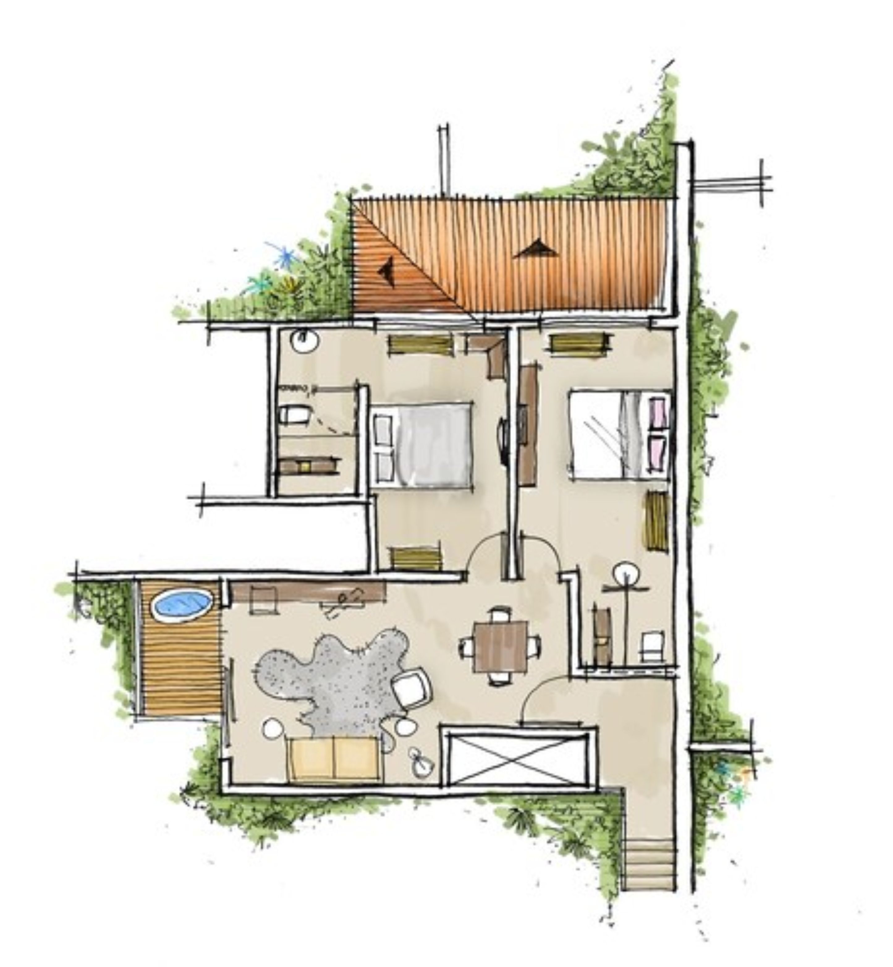 A floor plan of a house with a living room, kitchen, two bedrooms, a bathroom, and a small outdoor area with a pool.