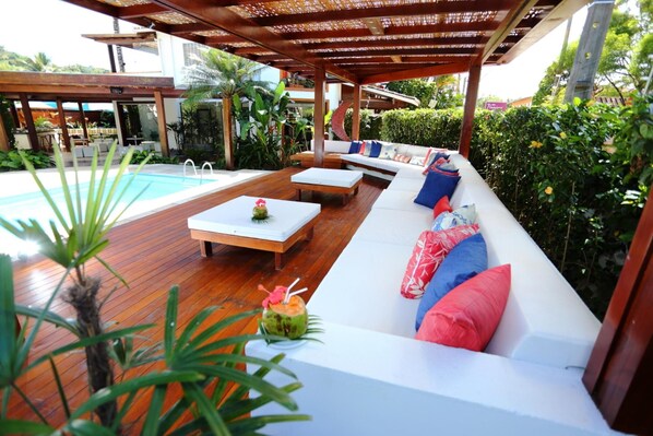 Outdoor pool, pool umbrellas, pool loungers