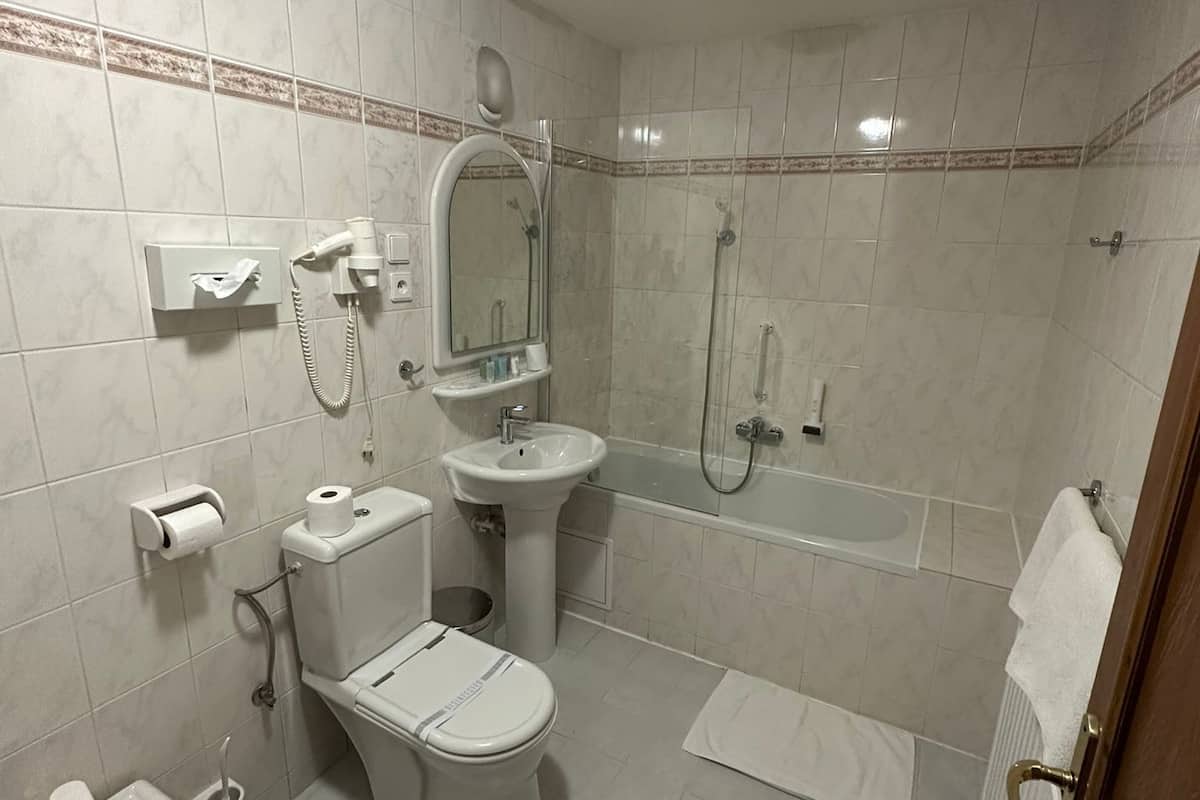 combined shower/bathtub, free toiletries, hair dryer, towels