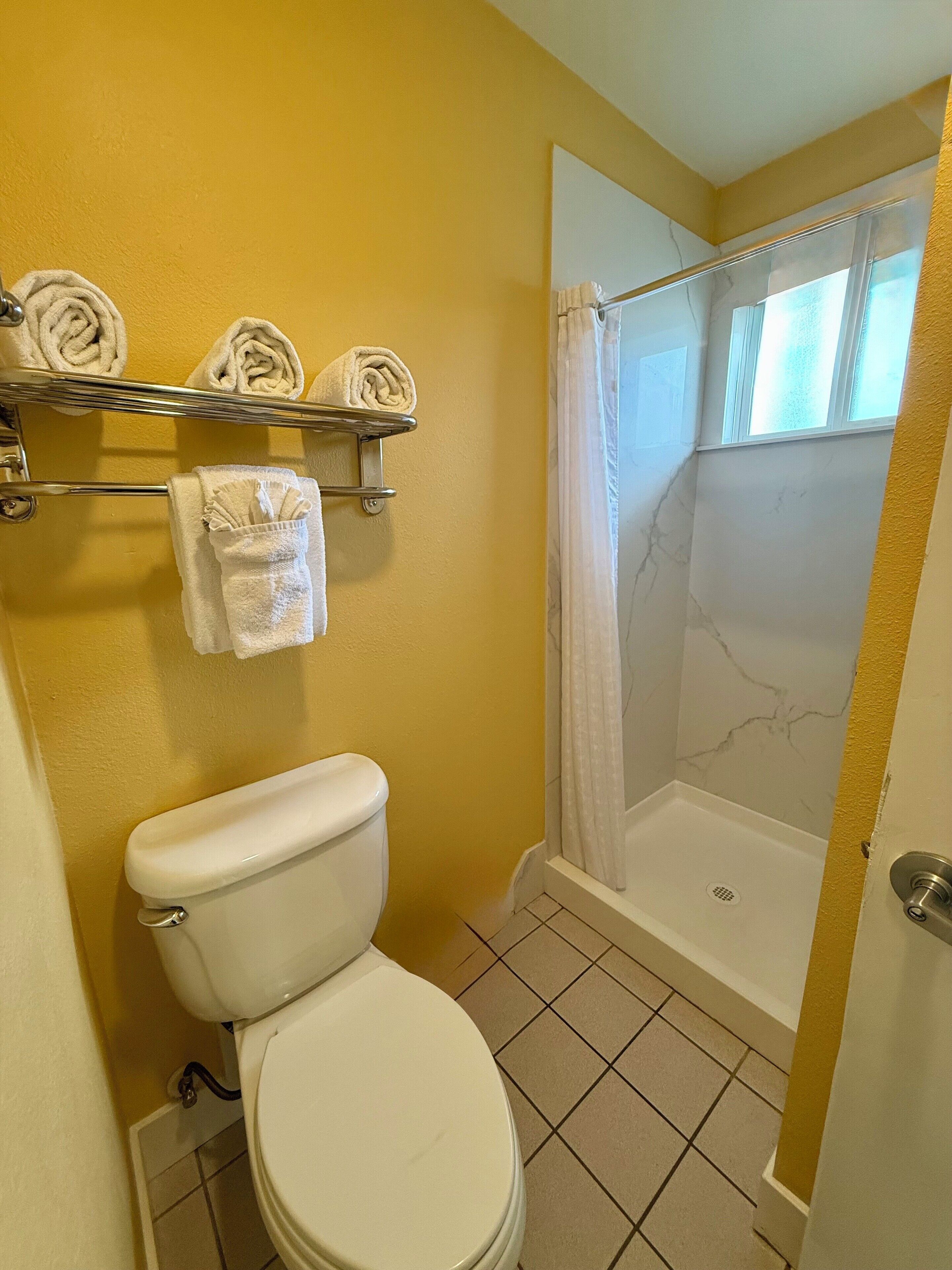 A bathroom with a toilet, a shower with a glass door, and a towel rack with towels.