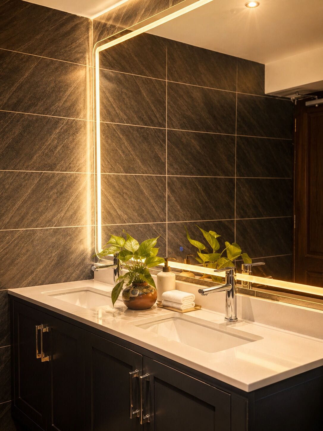 A modern bathroom with a large mirror, dark tiled walls, and a white countertop.