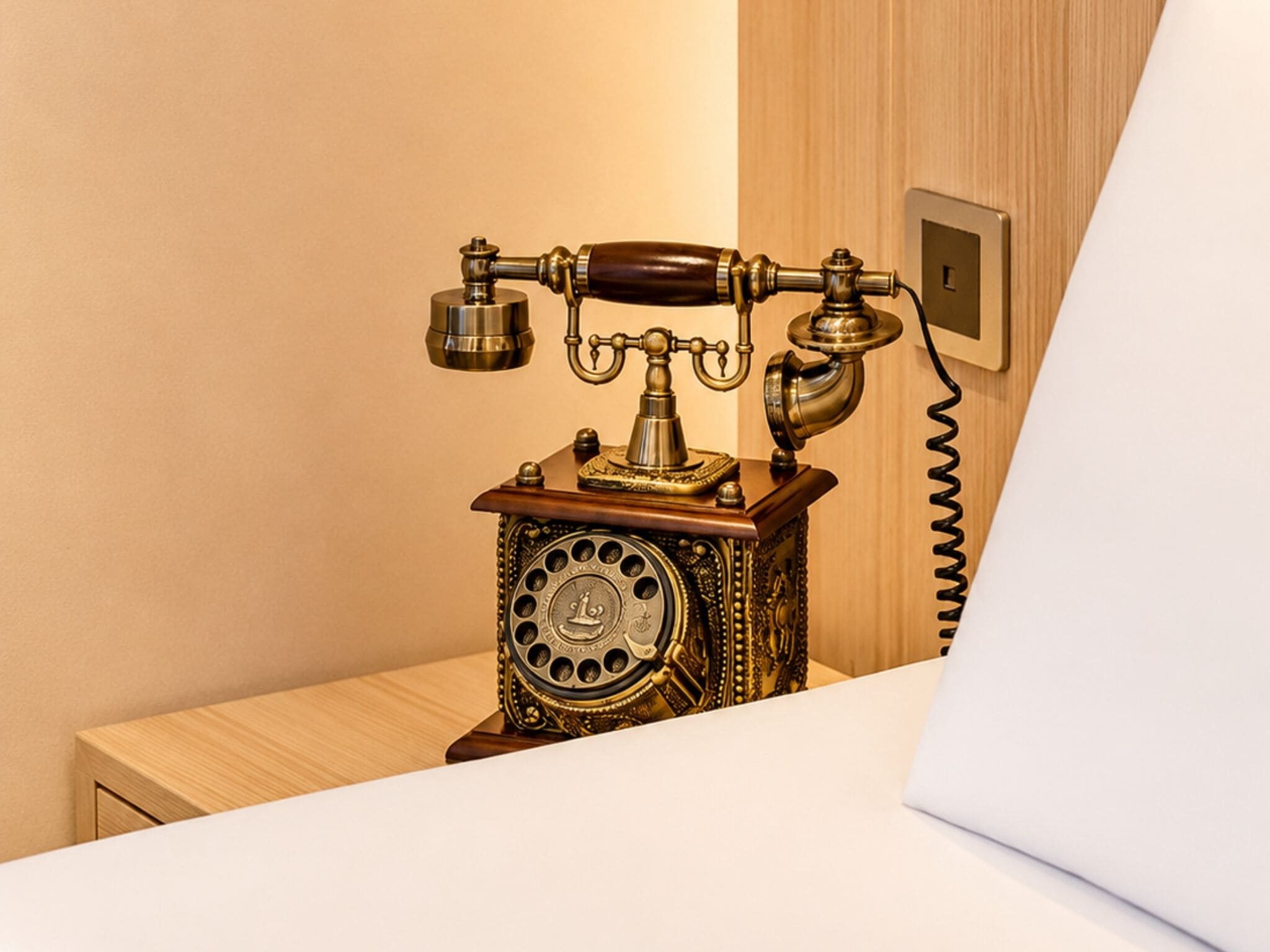 A vintage telephone on a wooden table in a room with a wooden wall and a white bed.