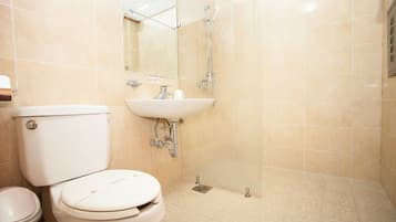 A bathroom with a toilet, sink, and shower.