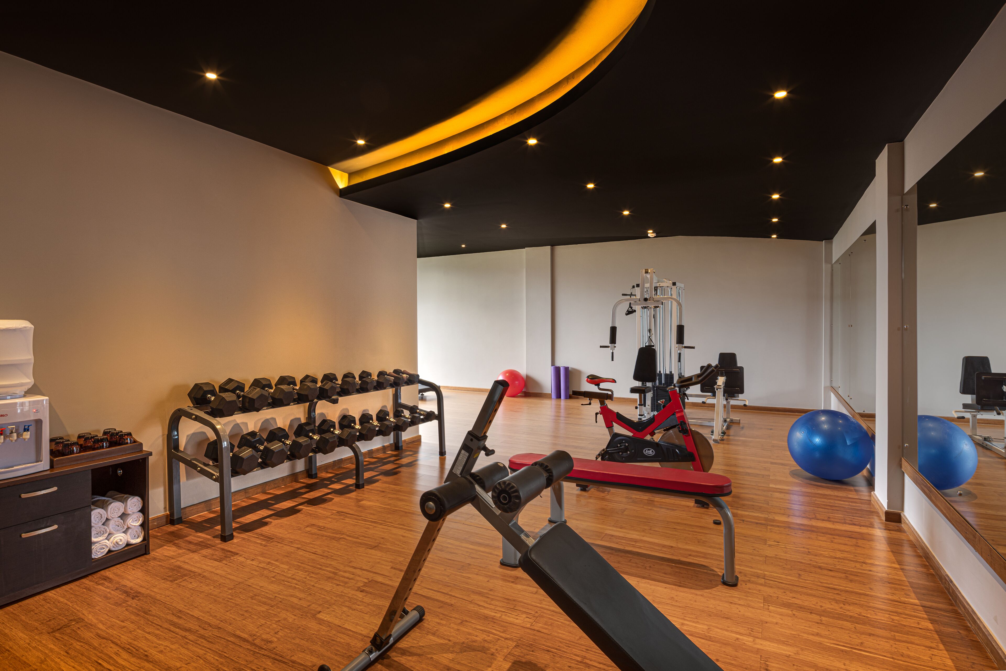 A gym with exercise equipment, a rack of dumbbells, and exercise balls.