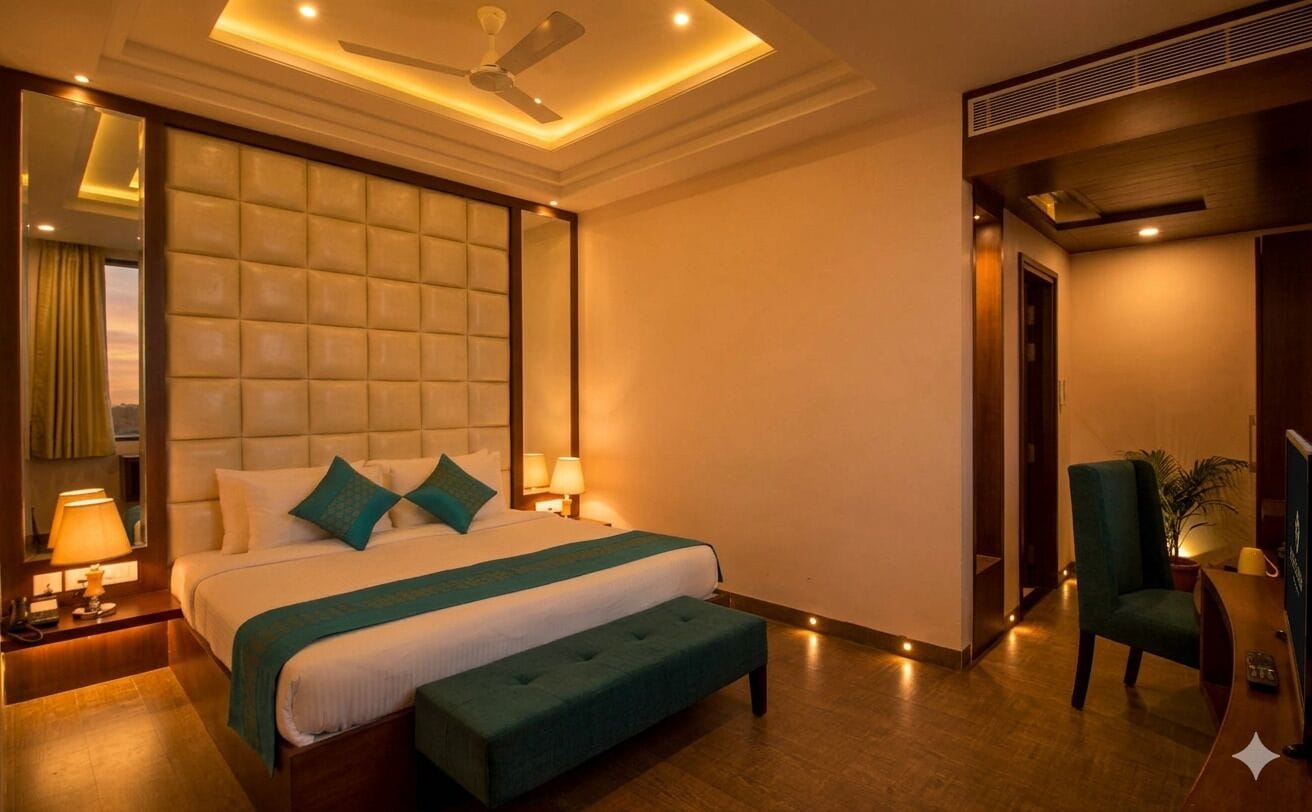 A hotel room with a large bed, a bench, a desk, and a chair.