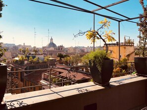 Un balcon agrémenté de plantes en pot, une balustrade en fer forgé et une vue sur un paysage urbain avec des bâtiments et une structure en forme de dôme.
