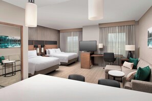 Desk, laptop workspace, blackout curtains, iron/ironing board