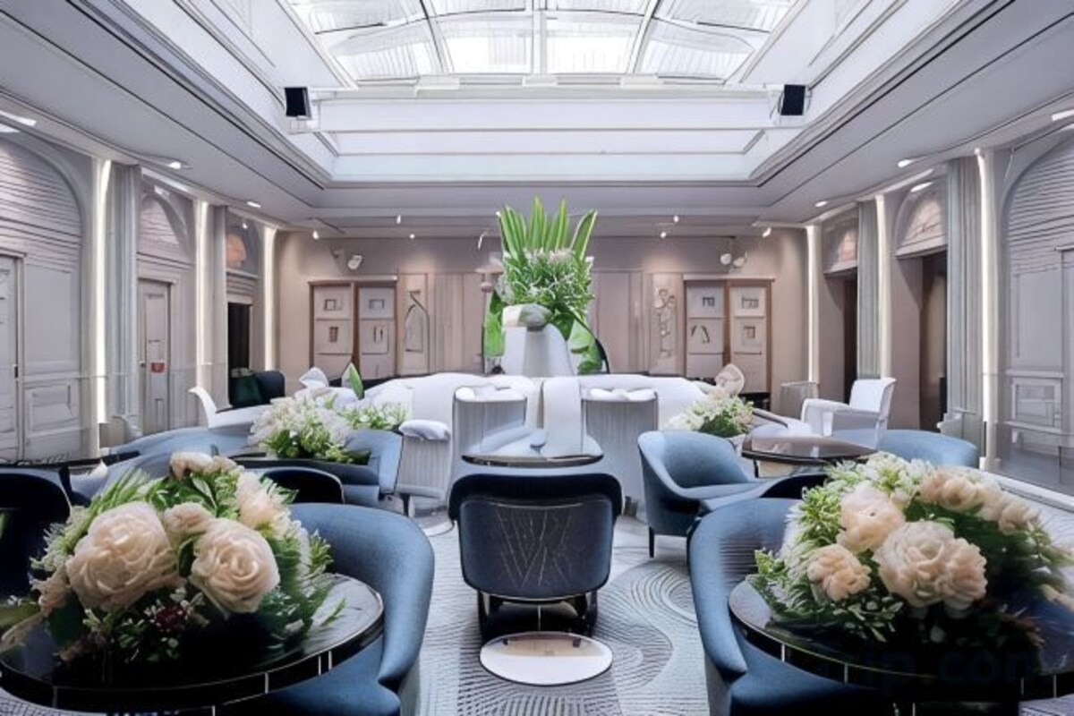 A hotel room with a large round table, multiple chairs, and a central decorative plant.