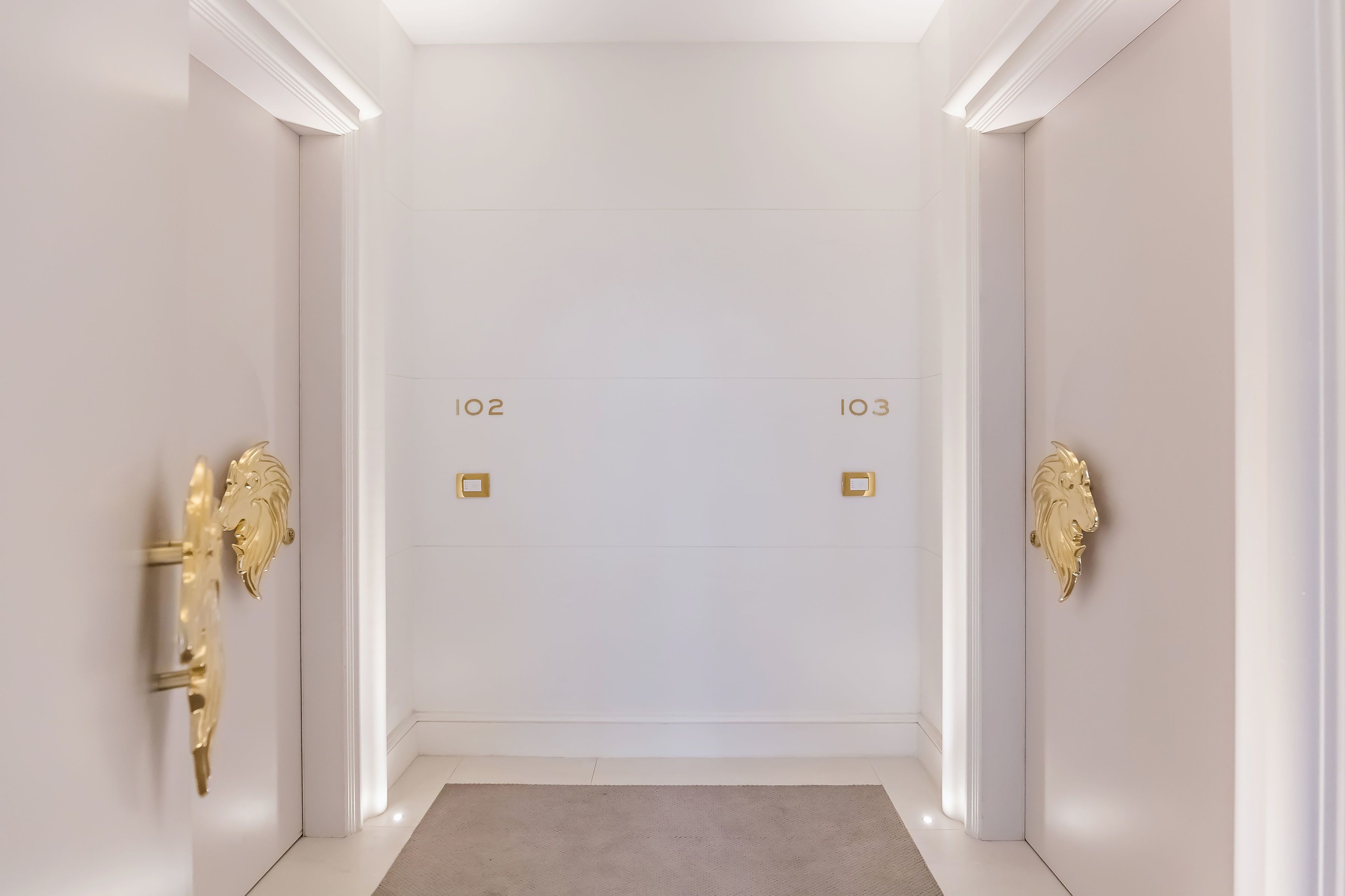 A hallway with two doors labeled "102" and "103".