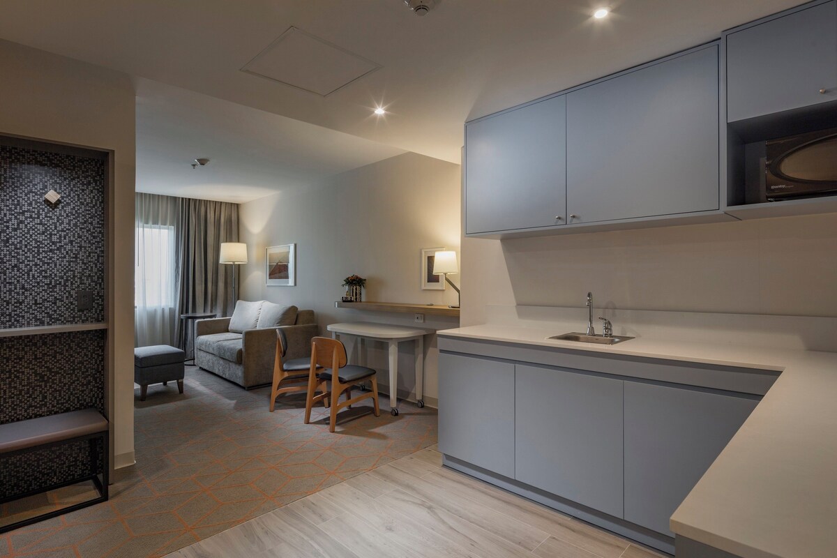 A modern hotel room with a kitchenette, a seating area with a sofa and chairs, and a patterned rug.