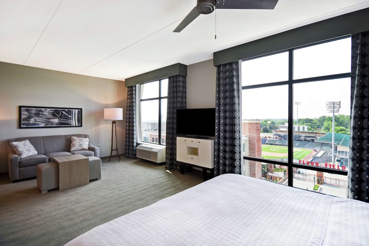 studio suite, 1 king bed, ballpark view | living area | flat-screen tv