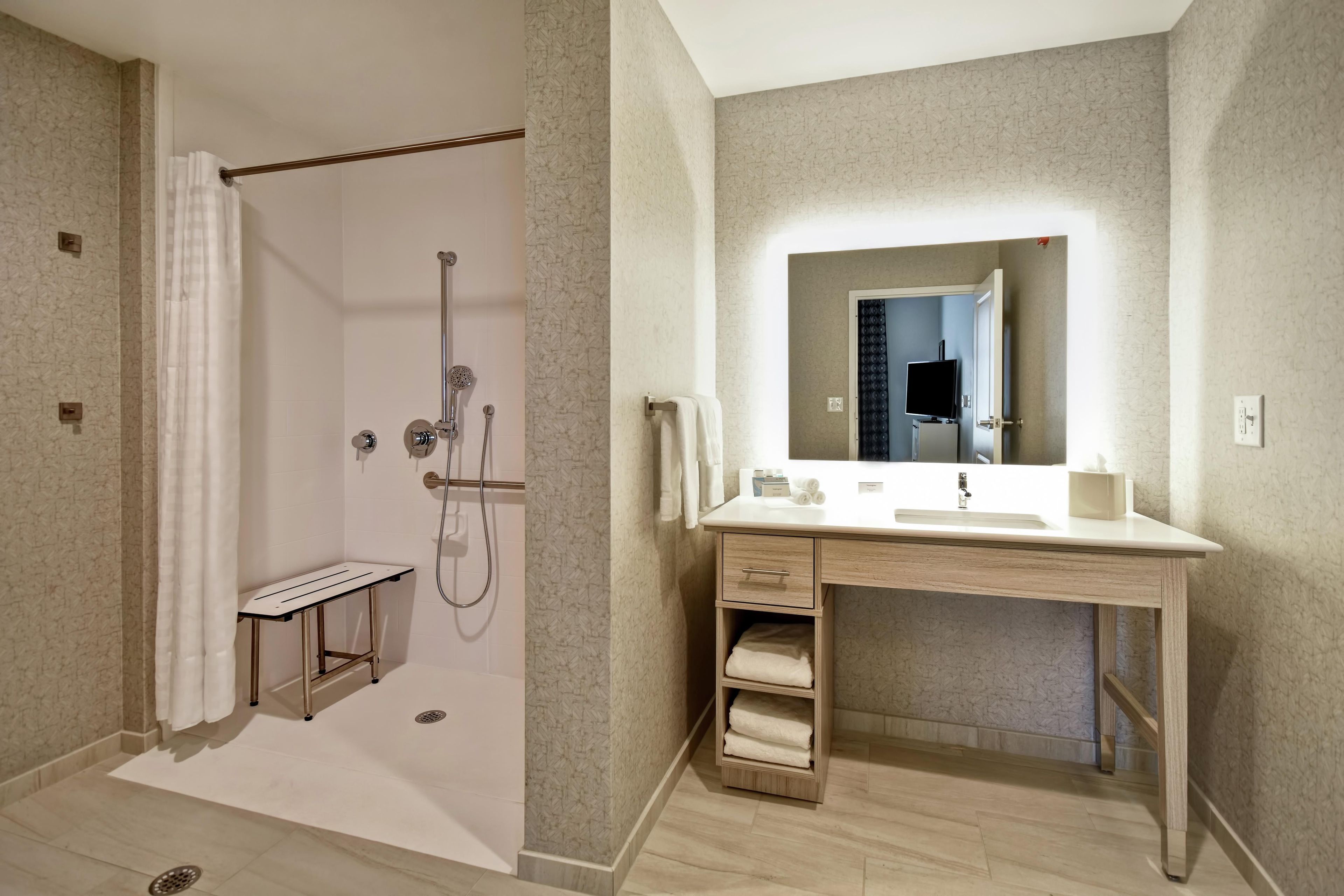 A modern bathroom with a shower, vanity, and a mirror.